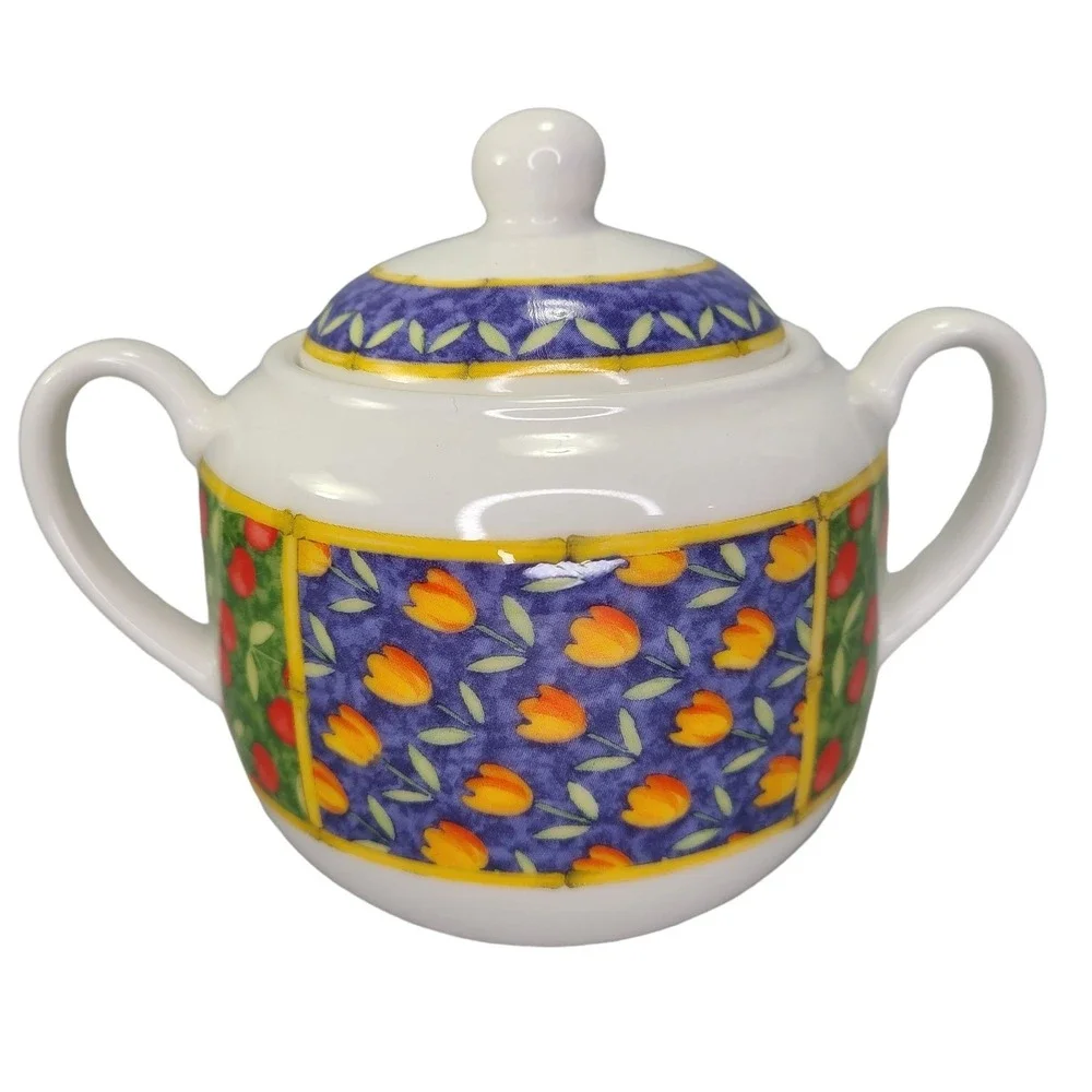 Vista Alegre Horta Sugar Bowl Trinket With‎ Lid Floral Blue Yellow Band Portugal